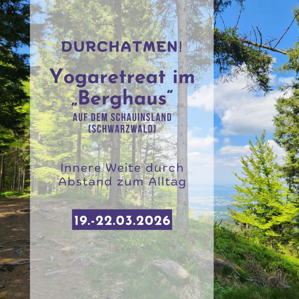 Ausblick auf Freiburg von den Bergen mit Schriftzug "Yogaretreat im "Berghaus" Nähe Freiburg"